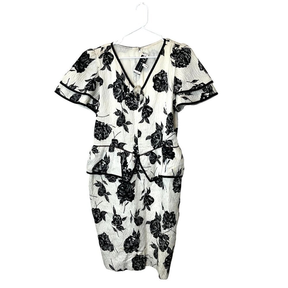 Christian Dior VTG Robes Du Soir Black & White Floral Puff Sleeve Dress 12